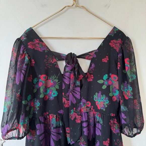 ModCloth Meow Bouquet Floral Cat Print Black Babydoll Square Neck Dress L - Picture 9 of 11